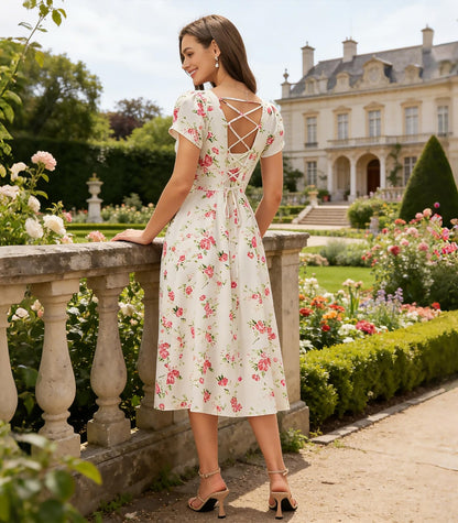 RIHOAS Elegant Casual Dresses for Women Short Sleeve Puff Square Neck A-Line Midi Dress