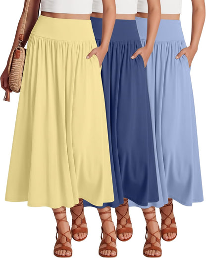 Ficerd 3 Pack Maxi Long Skirts for Women, Ankle Length High Waisted Pleated Flowy a Line Summer Casual Skirts with Pockets