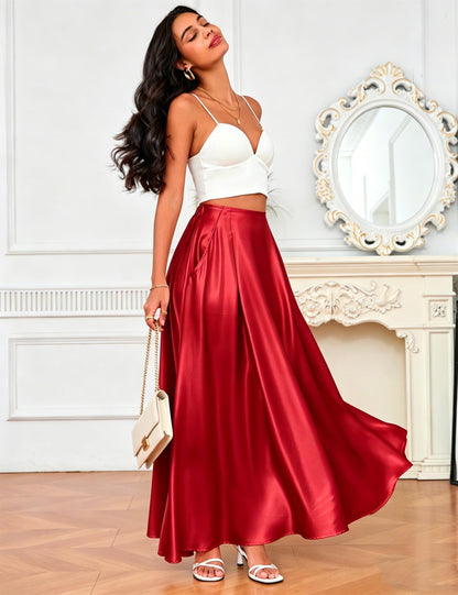 MAKABO Maxi Satin Skirts for Womens High Waisted Flowy Long A line Skirt Trendy for Office Holiday Party