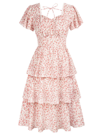 Belle Poque Women's Vintage Square Neck Dress 2026 Summer Short Sleeve Layered Tiered Ruffle A-line Swing Midi Dress