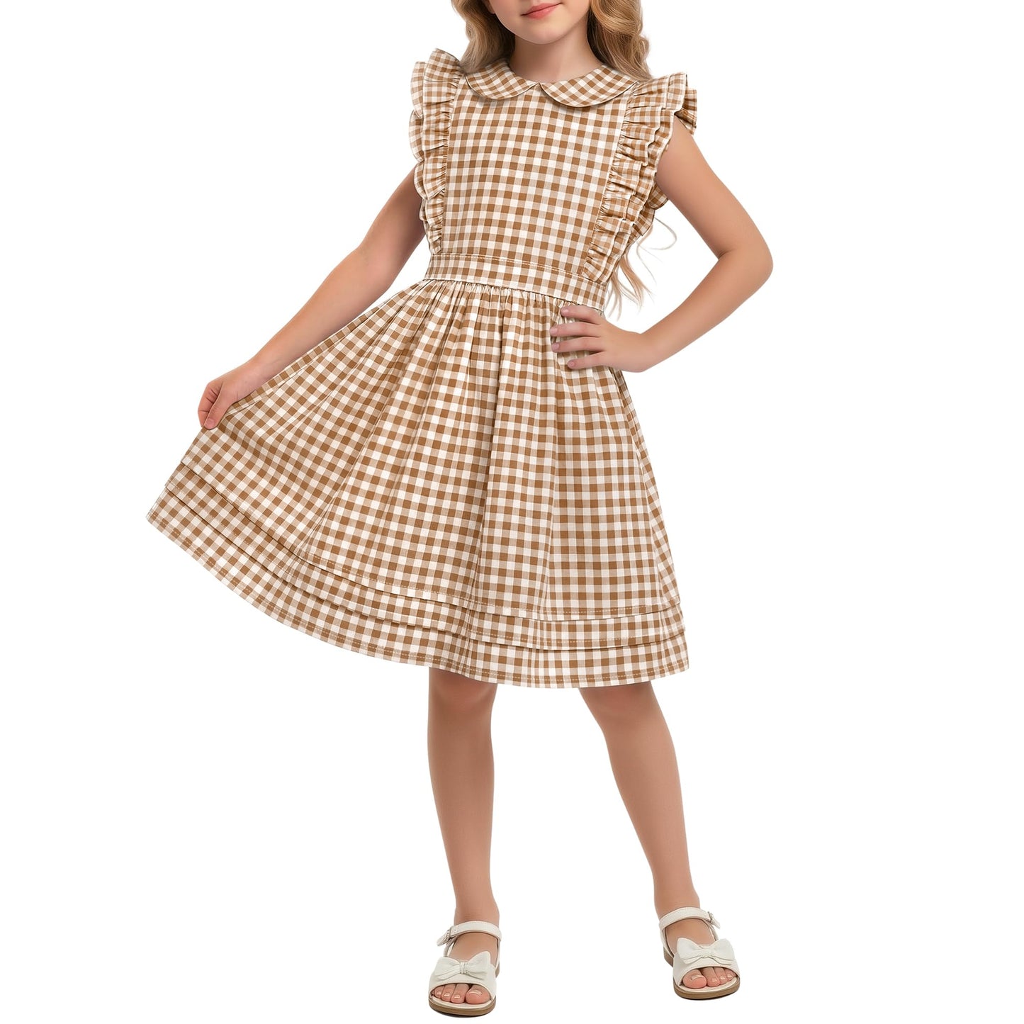 Xaatren Girls' Ruffle Sleeves Dress 5-14 Years Doll Collar Plaid Midi Length Gingham Flutter Pockets Summer Dress with Zipper