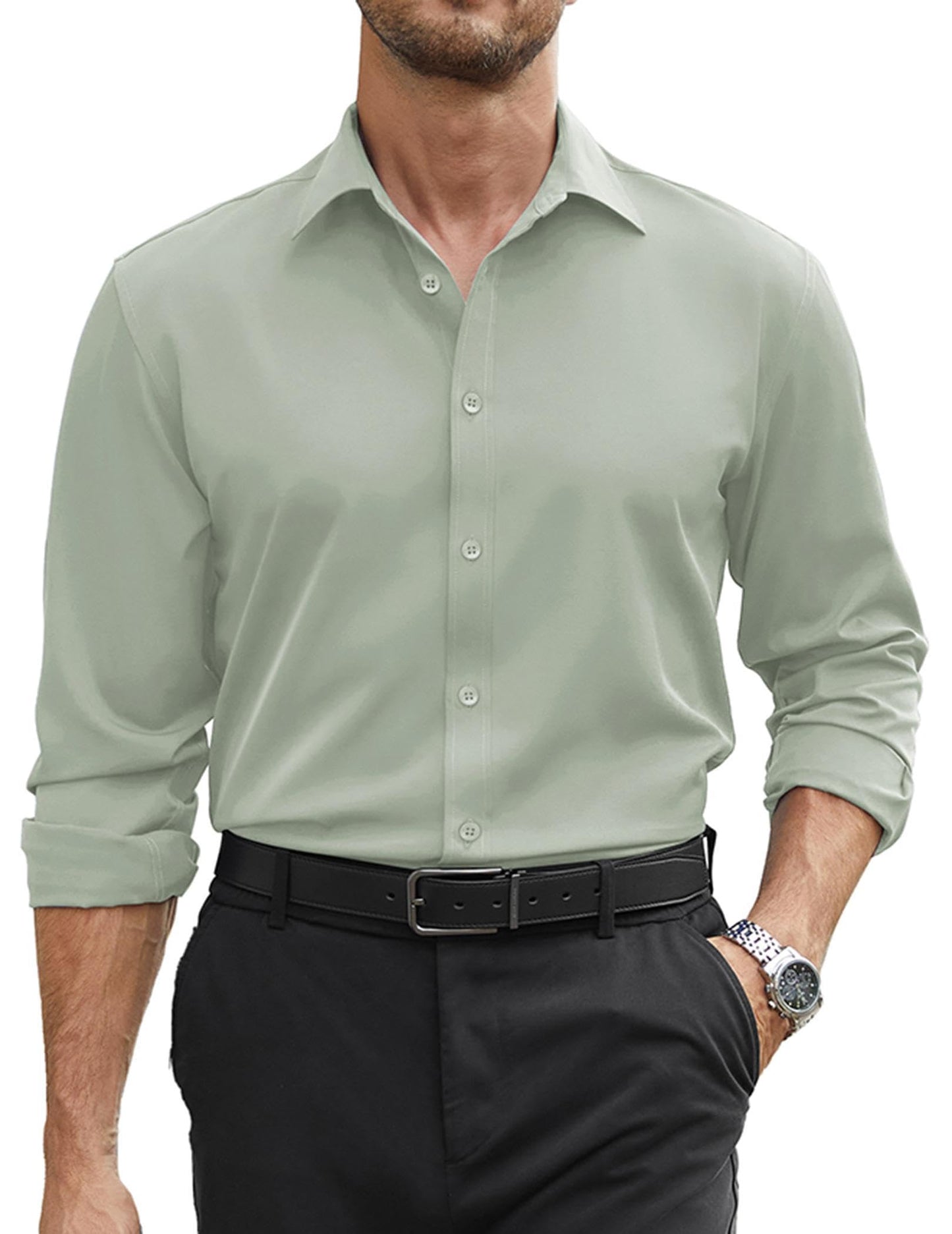 COOFANDY Mens Stretch Dress Shirts Long Sleeve Button Down Shirt Regular Fit Formal Business Wedding Shirts
