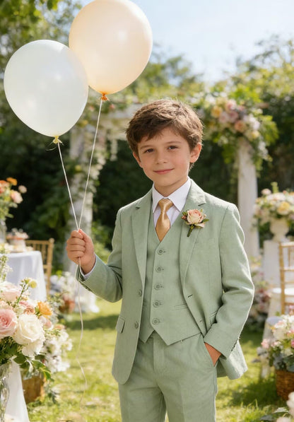 Boys Linen Suit Formal 3 Piece Toddler Tuxedo for Summer Beach Wedding Outfit Slim Fit Kids Suits Jacket Vest Pants