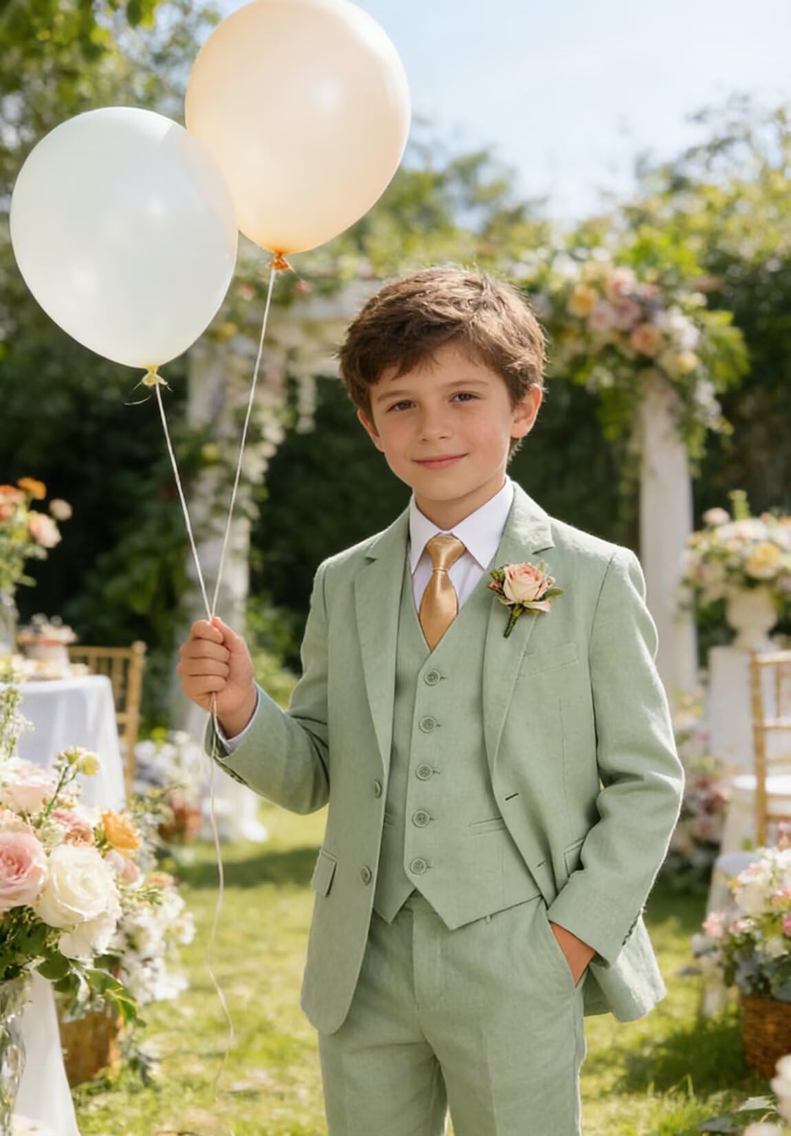 Boys Linen Suit Formal 3 Piece Toddler Tuxedo for Summer Beach Wedding Outfit Slim Fit Kids Suits Jacket Vest Pants