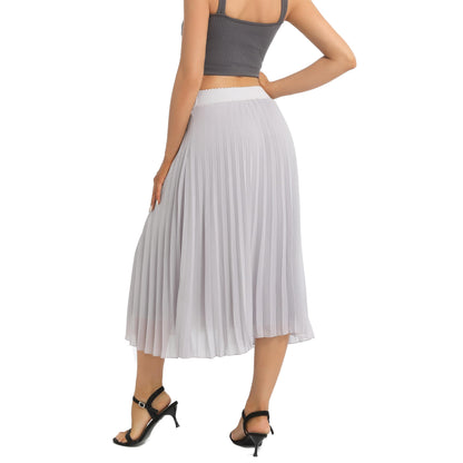 Womens Chiffon High Waist Skirt Pleated A-Line Swing Elastic Shirring Midi Length