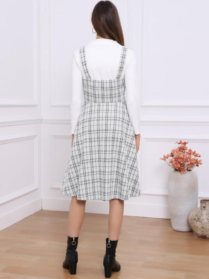 Allegra K Tweed Dress for Women Sleeveless Square Neck Plaid A-Line Pinafore Overall Dresses