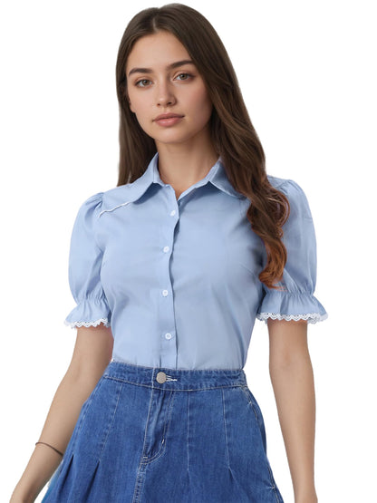 Allegra K Peter Pan Collar Shirt for Women Vintage Tops Puff Short Sleeve Button Down Retro Blouses 2026