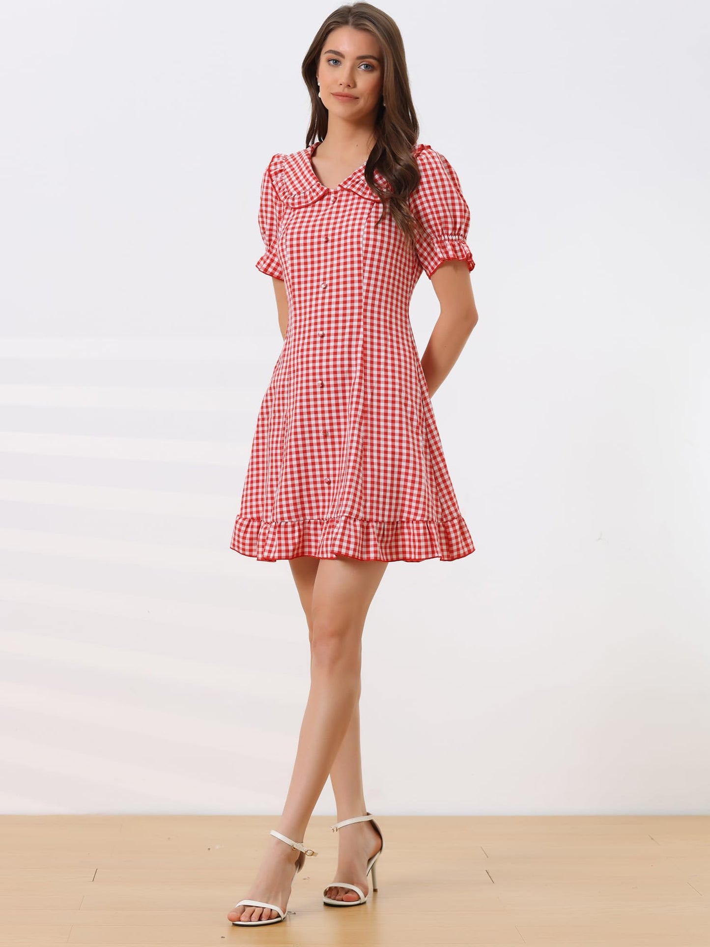 Allegra K Women's Gingham Checks Ruffled Peter Pan Collar Cute Mini Dress