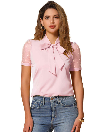 Allegra K Women's Bow Tie Neck V Neck Stand Collar Short Mesh Sleeve Blouse