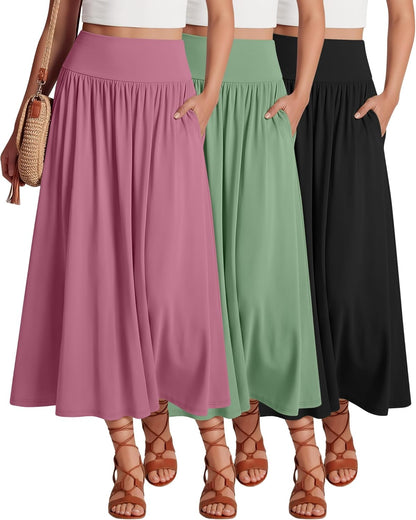 Ficerd 3 Pack Maxi Long Skirts for Women, Ankle Length High Waisted Pleated Flowy a Line Summer Casual Skirts with Pockets