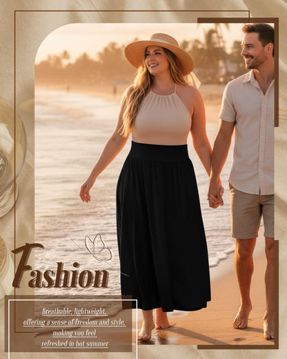 Plus Size Maxi Skirt for Curvy Women Pockets 2026 Ankle Length High Waisted Pleated Flowy a Line Summer Long Skirt