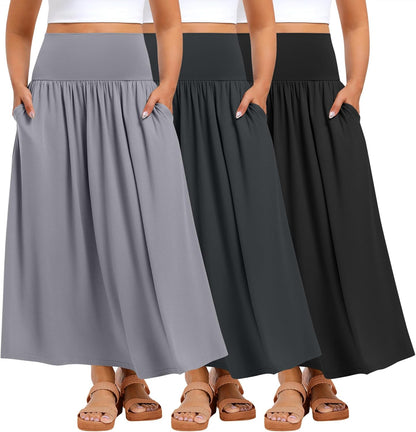 Ficerd 3 Pack Plus Size Maxi Skirts for Curvy Women Pockets Casual 2026 Boho Summer Flowy Long Skirt a Line High Waist Dress