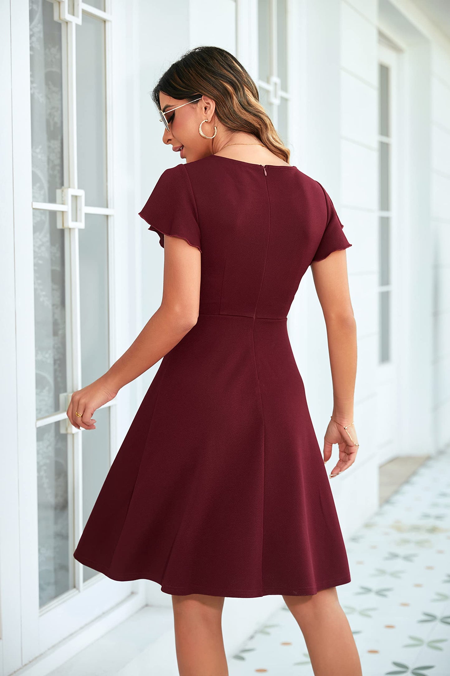 OWIN Womens 2026 Elegant Ruffle Sleeve Flared A Line Swing Casual Party Cocktail Dresses