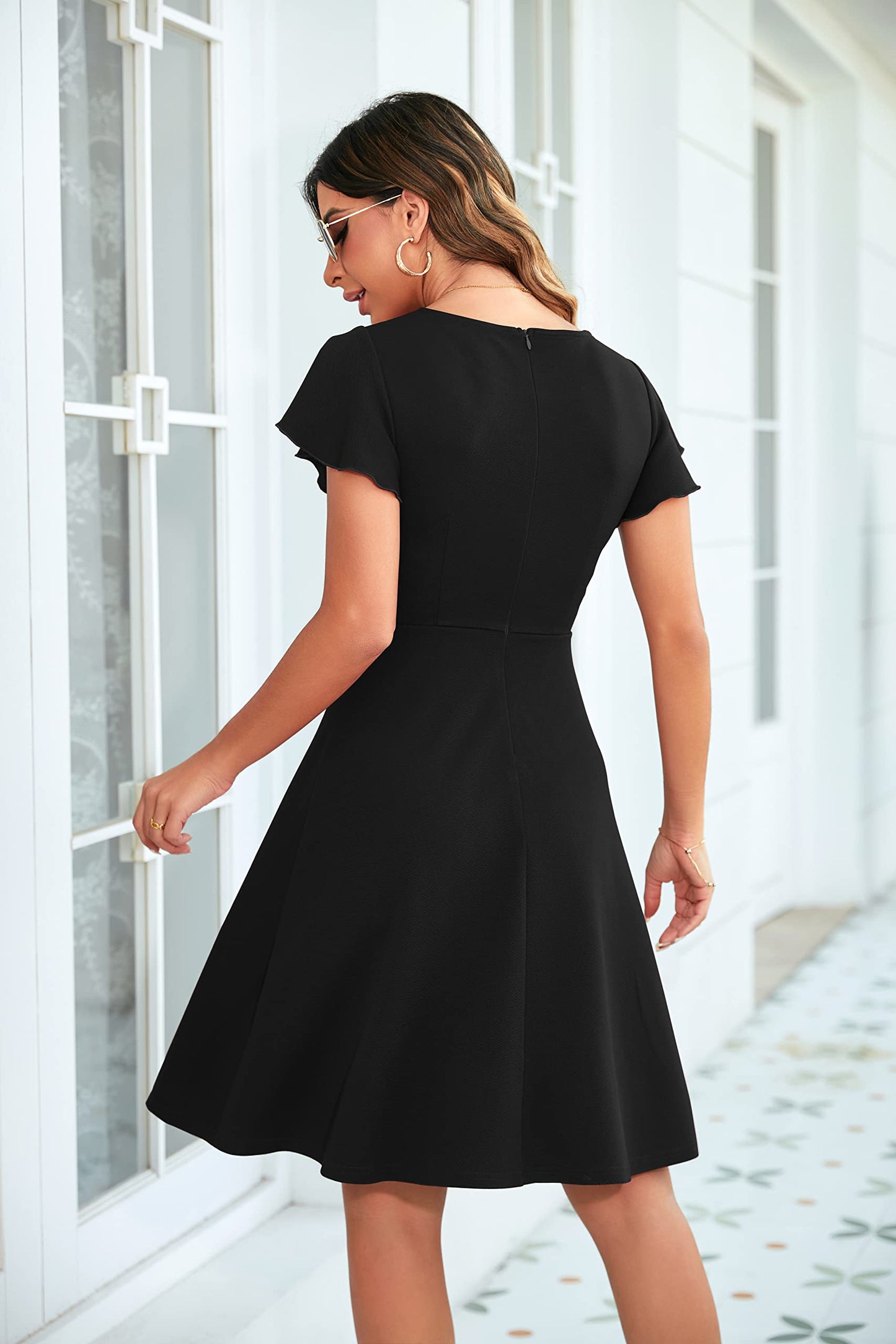 OWIN Womens 2026 Elegant Ruffle Sleeve Flared A Line Swing Casual Party Cocktail Dresses