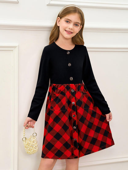 Girls Dresses Kids Button Down Midi Long Sleeve Casual A Line Dress with Pockets 4-14 Years