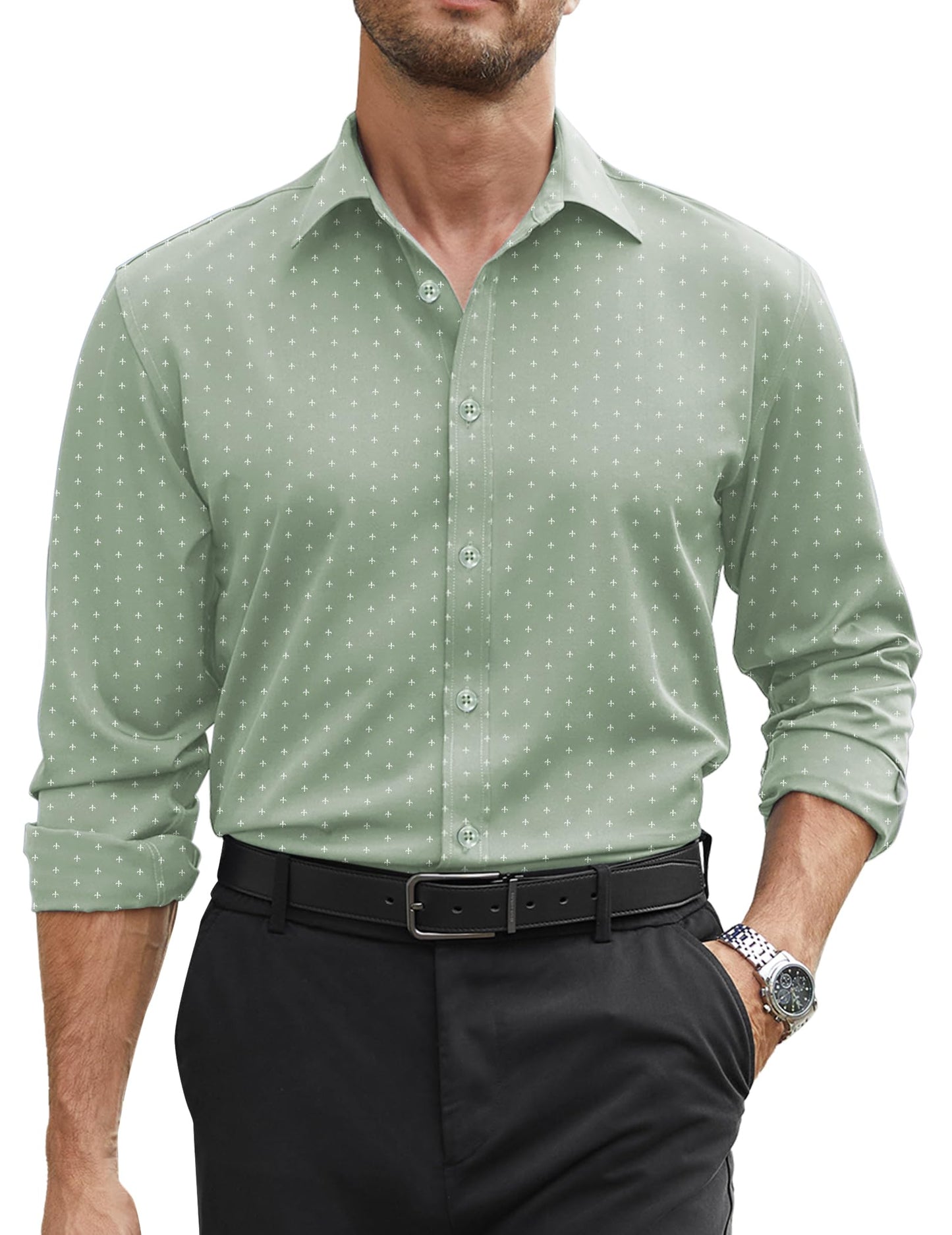 COOFANDY Mens Stretch Dress Shirts Long Sleeve Button Down Shirt Regular Fit Formal Business Wedding Shirts