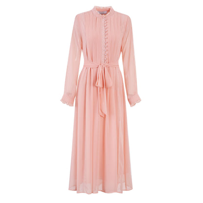 Women's 2026 Spring Fall Midi Dress with Belt Casual Long Sleeve Lace V Neck Pleated A Line Flowy Dresses for Work or Daily