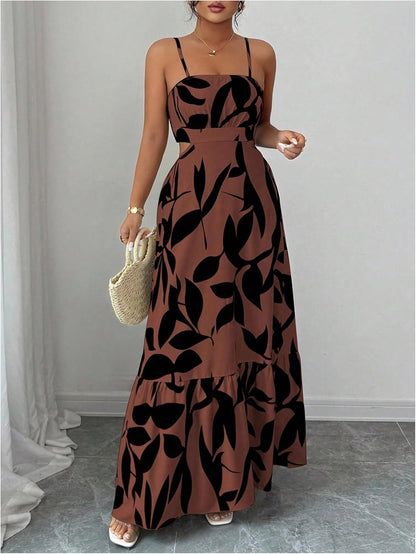 OYOANGLE Women's Cut Out Floral Print Tropical Maxi Cami Dress Ruffle Flowy Summer Vacation Spaghetti Strap Sundress