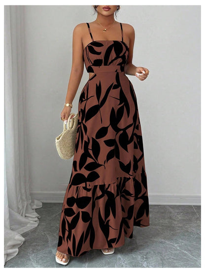 OYOANGLE Women's Cut Out Floral Print Tropical Maxi Cami Dress Ruffle Flowy Summer Vacation Spaghetti Strap Sundress