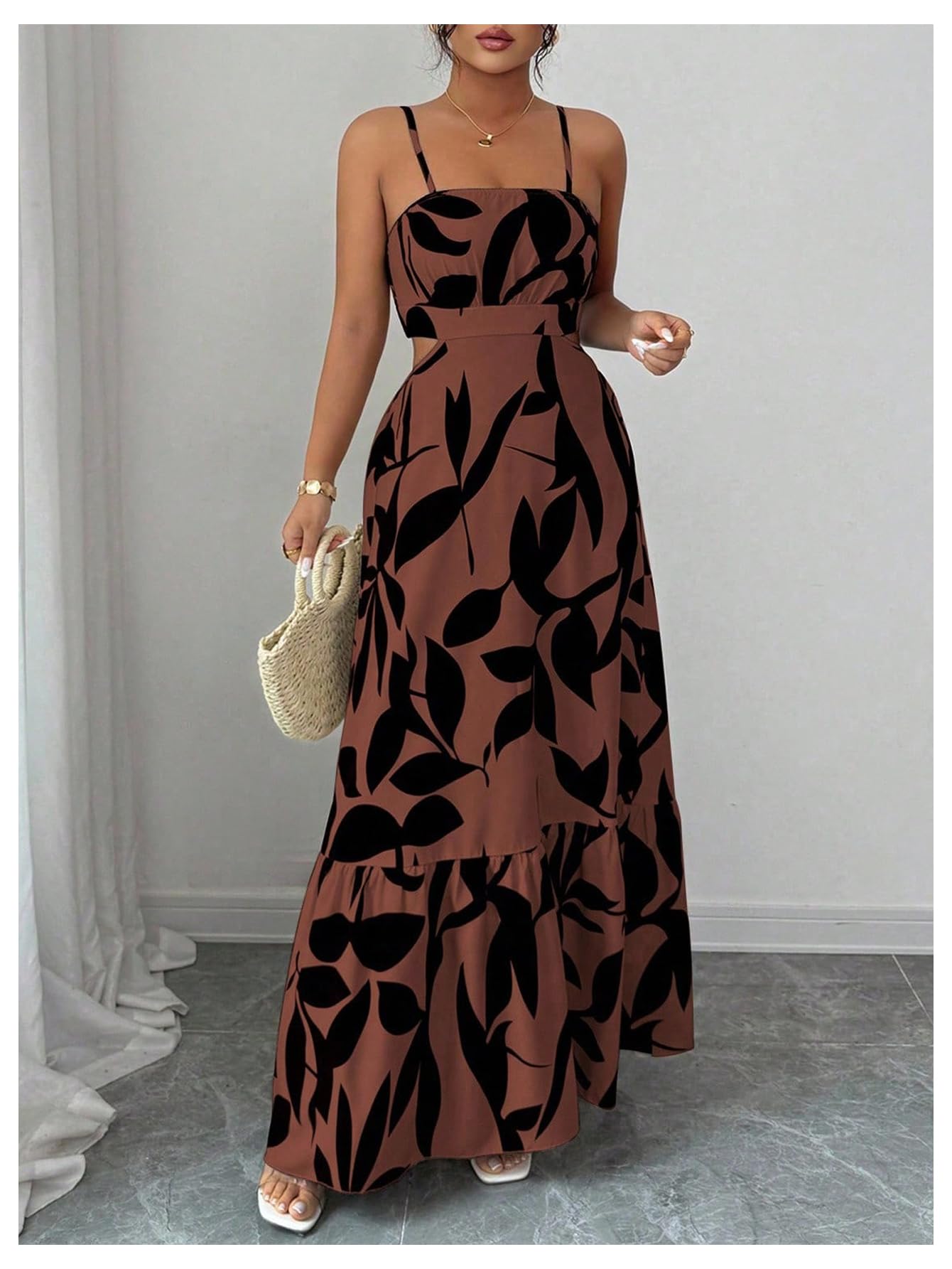 OYOANGLE Women's Cut Out Floral Print Tropical Maxi Cami Dress Ruffle Flowy Summer Vacation Spaghetti Strap Sundress
