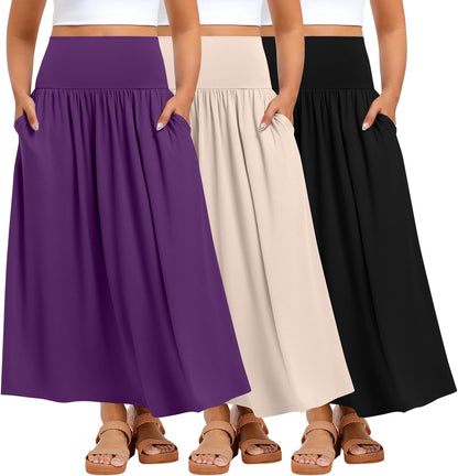 Ficerd 3 Pack Plus Size Maxi Skirts for Curvy Women Pockets Casual 2026 Boho Summer Flowy Long Skirt a Line High Waist Dress