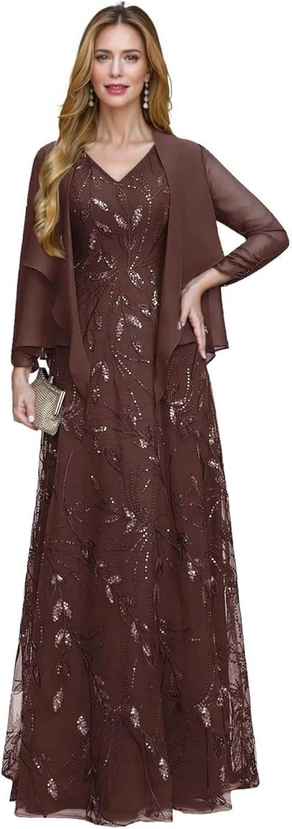 2 Piece Sequin Lace Mother of The Bride Dresses for Women with Jacket V Neck Long Formal Dresses Evening Gown