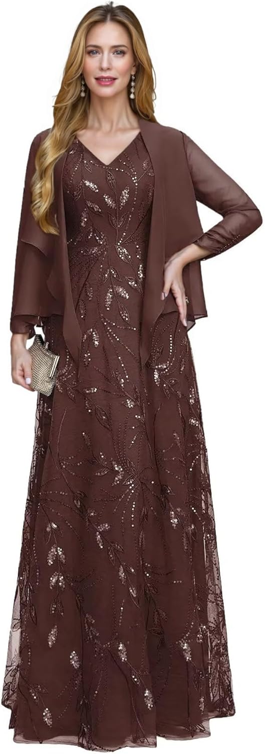 2 Piece Sequin Lace Mother of The Bride Dresses for Women with Jacket V Neck Long Formal Dresses Evening Gown