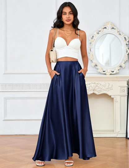 MAKABO Maxi Satin Skirts for Womens High Waisted Flowy Long A line Skirt Trendy for Office Holiday Party