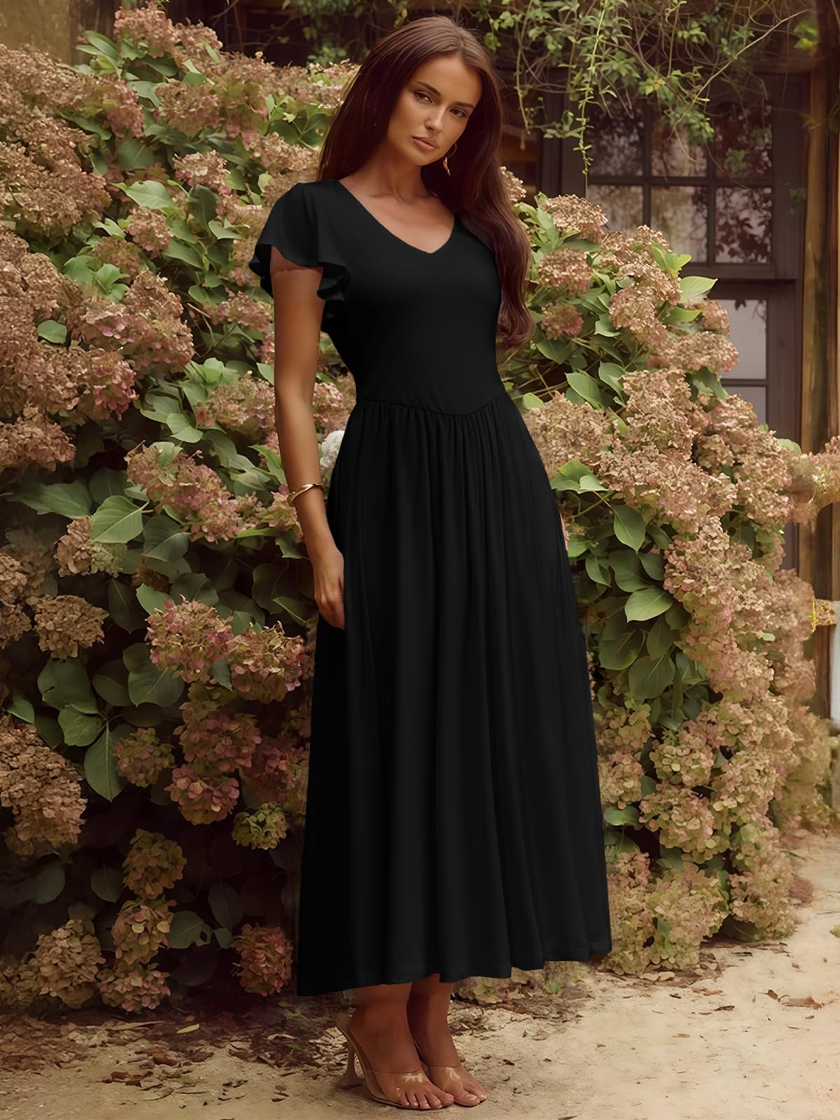 YUNDAI Women's Scoop Neck Flutter Sleeve Midi Dress with Pocket Elegant Flowy A Line Tie Back Dress