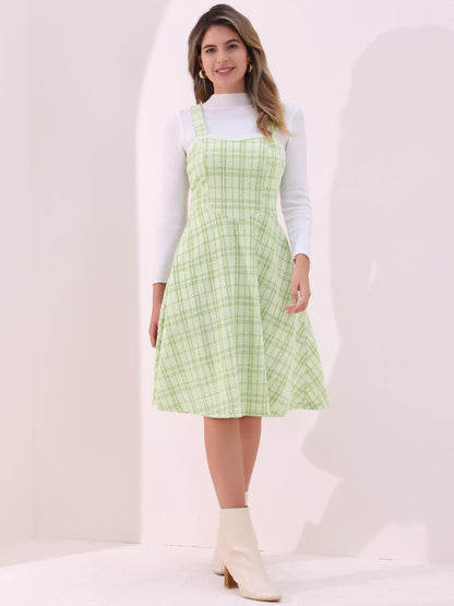 Allegra K Tweed Dress for Women Sleeveless Square Neck Plaid A-Line Pinafore Overall Dresses