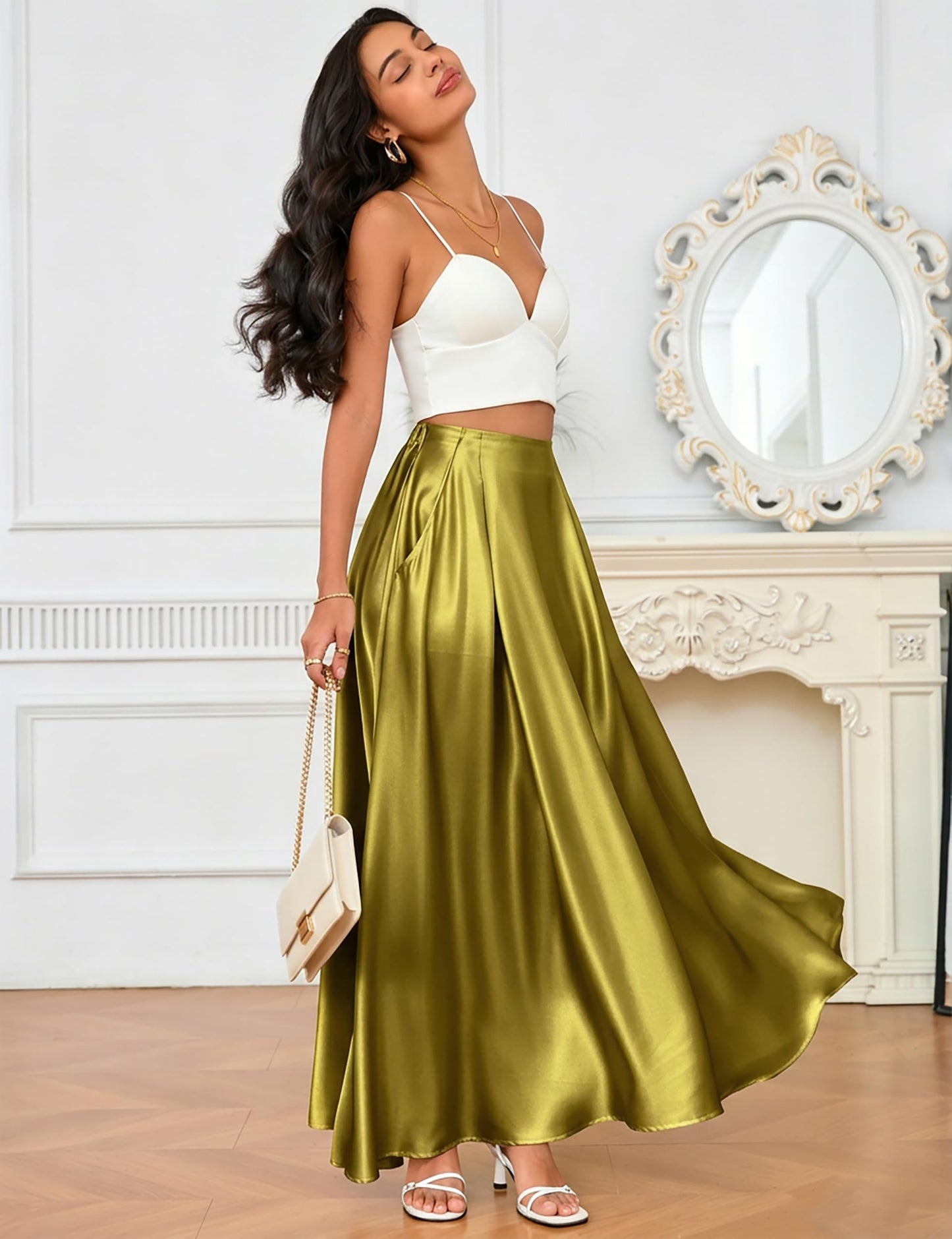 MAKABO Maxi Satin Skirts for Womens High Waisted Flowy Long A line Skirt Trendy for Office Holiday Party