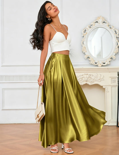 MAKABO Maxi Satin Skirts for Womens High Waisted Flowy Long A line Skirt Trendy for Office Holiday Party
