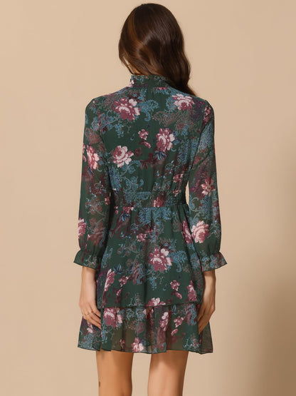 Allegra K Women's Floral Dress Chiffon Long Sleeve Mock Neck Ruffle Layered Smocked Mini Dresses