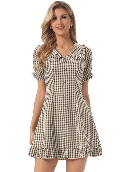Allegra K Women's Gingham Checks Ruffled Peter Pan Collar Cute Mini Dress