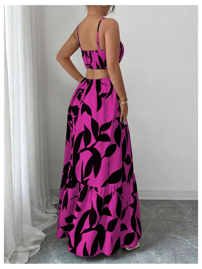 OYOANGLE Women's Cut Out Floral Print Tropical Maxi Cami Dress Ruffle Flowy Summer Vacation Spaghetti Strap Sundress