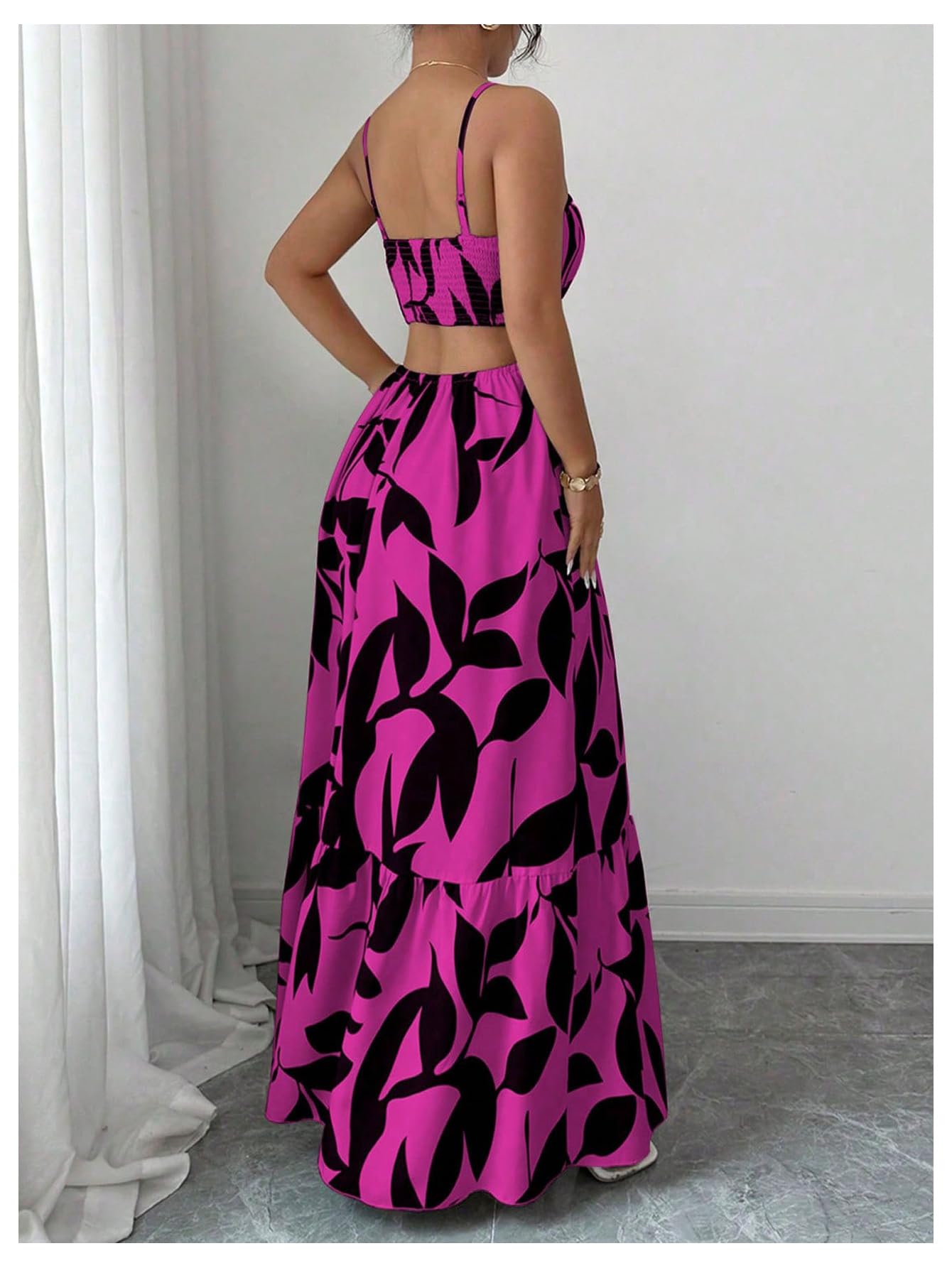 OYOANGLE Women's Cut Out Floral Print Tropical Maxi Cami Dress Ruffle Flowy Summer Vacation Spaghetti Strap Sundress