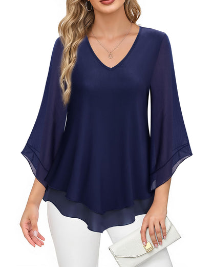 Lotusmile Womens Dressy Blouse Double Layers Mesh Shirt Ruffle 3/4 Flared Sleeve Tunic Tops