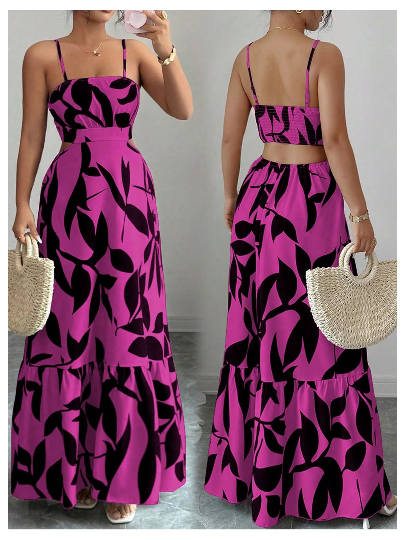 OYOANGLE Women's Cut Out Floral Print Tropical Maxi Cami Dress Ruffle Flowy Summer Vacation Spaghetti Strap Sundress