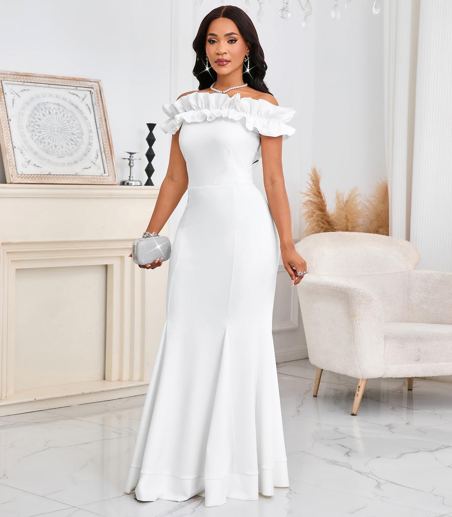 Cololura Sexy Floor-Length Off Shoulder Ruffles Stringy Selvedge Mermaid Bodycon Party Evening Maxi Dress