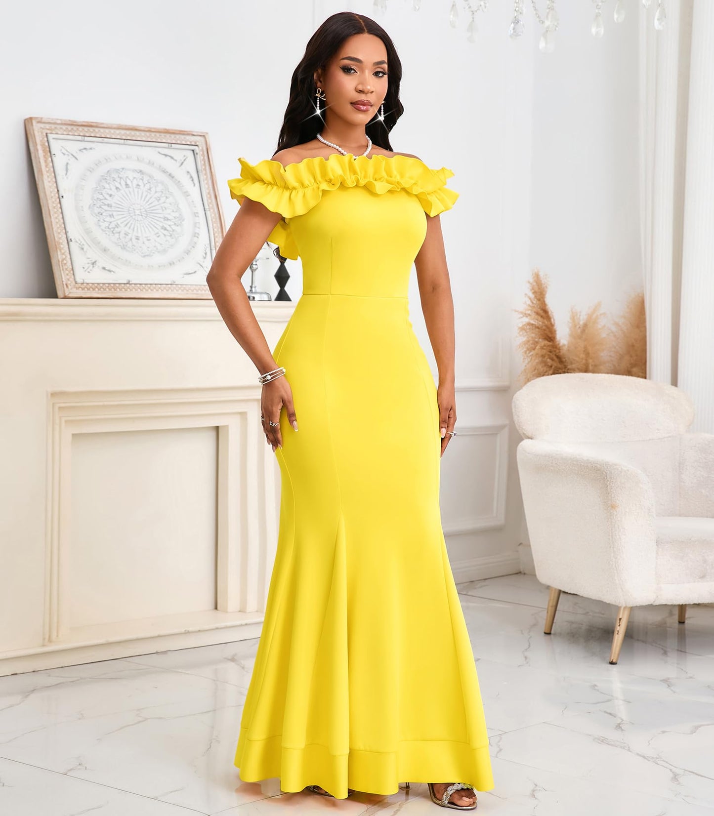 Cololura Sexy Floor-Length Off Shoulder Ruffles Stringy Selvedge Mermaid Bodycon Party Evening Maxi Dress