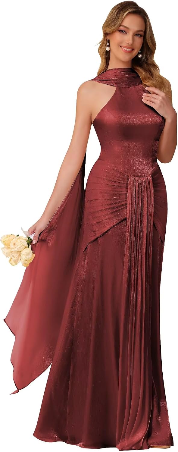 Halter Bridesmaid Dresses Long with Scarf Shimmer Chiffon Formal Dress Pleated Mermaid Evening Gowns for Women