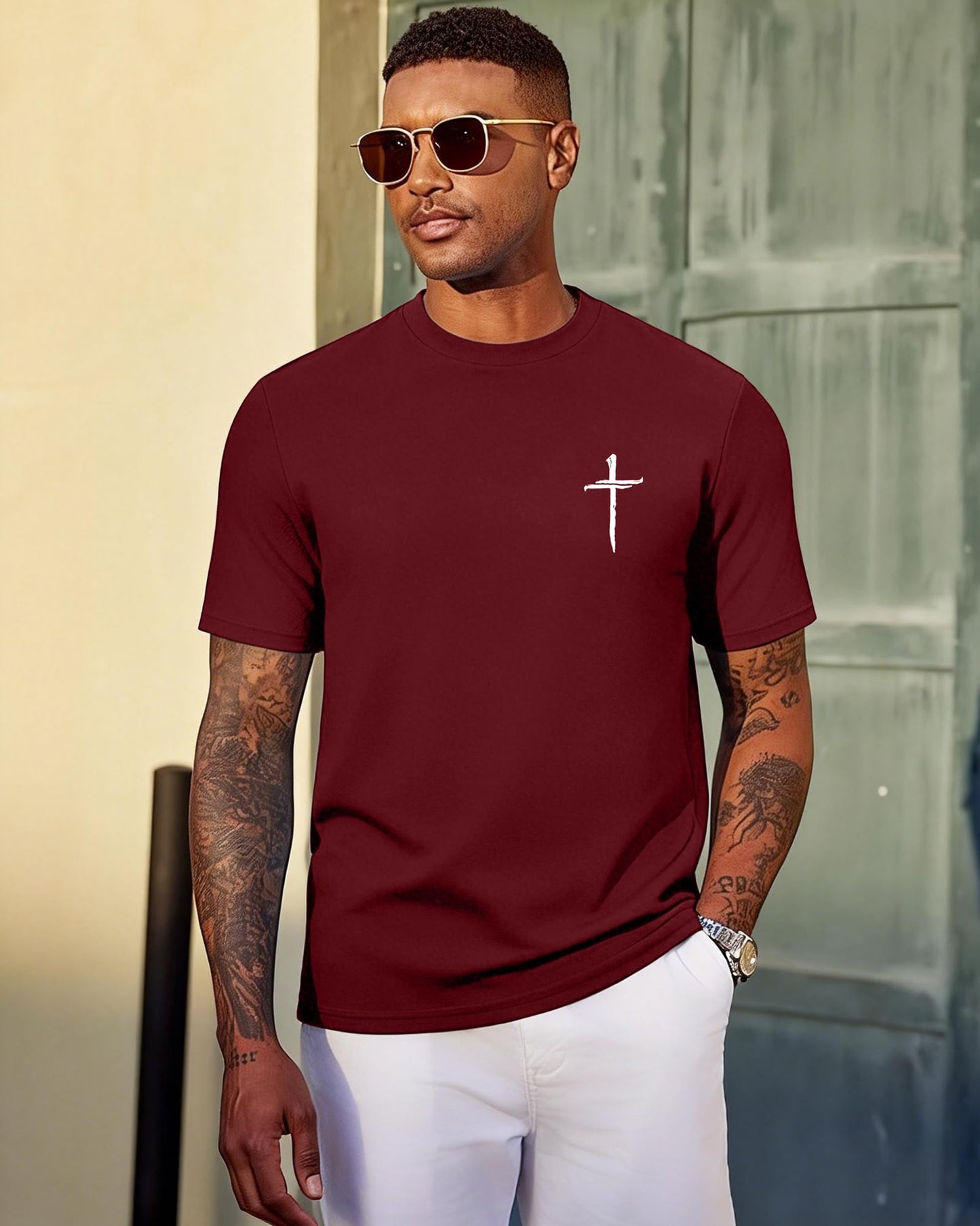 Aiyino Mens Cotton Christian Cross Graphic T Shirt Minimal Faith Casual Crew Neck Tee for Church