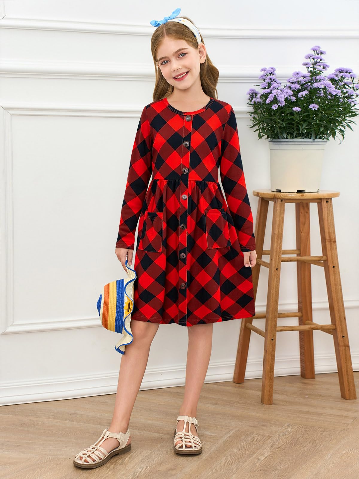 Girls Dresses Kids Button Down Midi Long Sleeve Casual A Line Dress with Pockets 4-14 Years