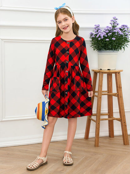 Girls Dresses Kids Button Down Midi Long Sleeve Casual A Line Dress with Pockets 4-14 Years