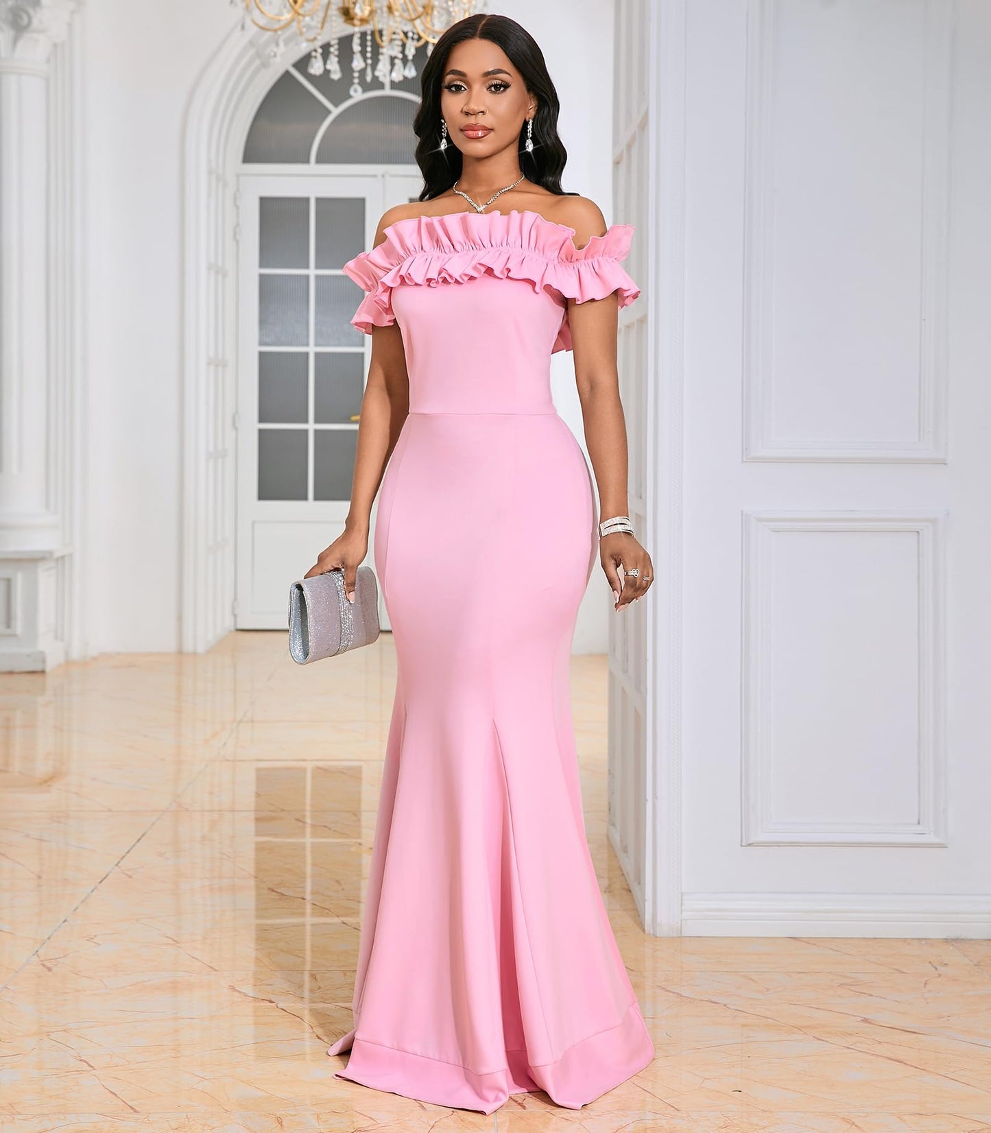 Cololura Sexy Floor-Length Off Shoulder Ruffles Stringy Selvedge Mermaid Bodycon Party Evening Maxi Dress