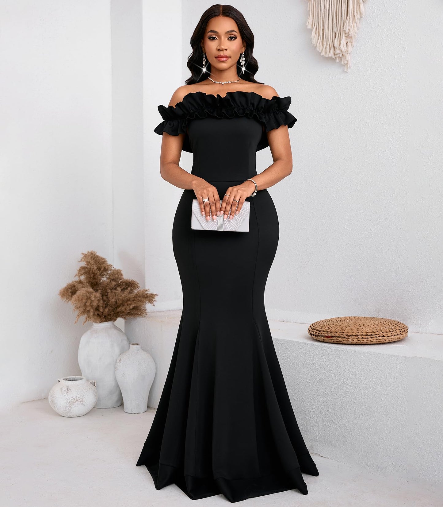 Cololura Sexy Floor-Length Off Shoulder Ruffles Stringy Selvedge Mermaid Bodycon Party Evening Maxi Dress