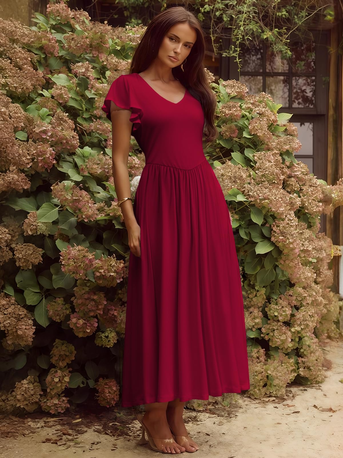 YUNDAI Women's Scoop Neck Flutter Sleeve Midi Dress with Pocket Elegant Flowy A Line Tie Back Dress