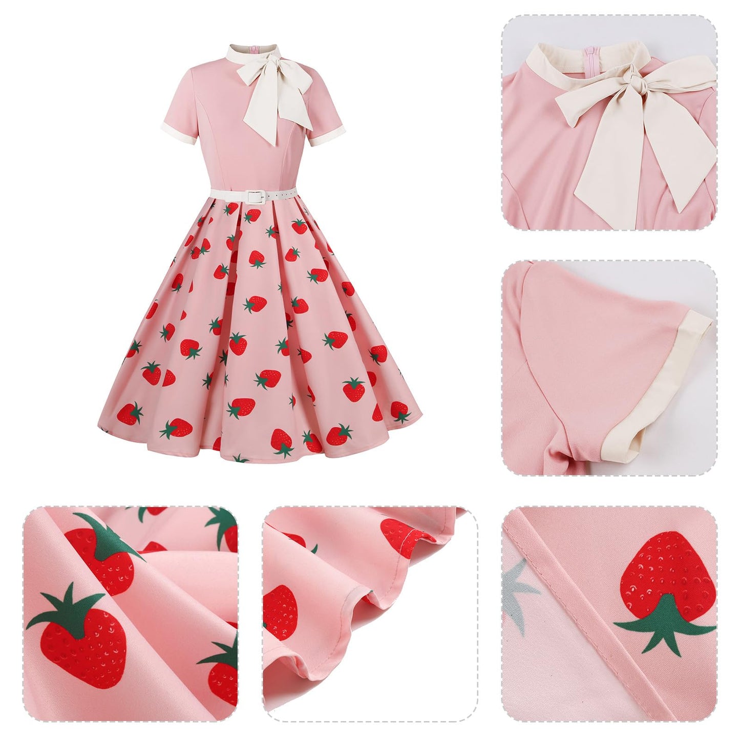 50s Style Dresses for Women Vintage Short Sleeve Tie Neck Swing Dress Midi Prom Dress with Belt