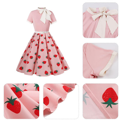 50s Style Dresses for Women Vintage Short Sleeve Tie Neck Swing Dress Midi Prom Dress with Belt