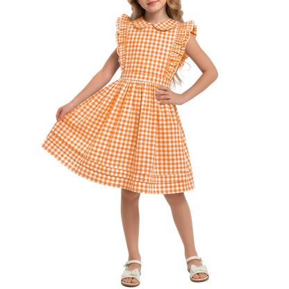 Xaatren Girls' Ruffle Sleeves Dress 5-14 Years Doll Collar Plaid Midi Length Gingham Flutter Pockets Summer Dress with Zipper